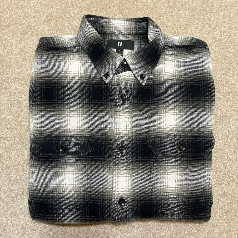 Banana Republic Flannel Shirt Mens Large Gray Ombre Shadow Plaid Western Cottage
